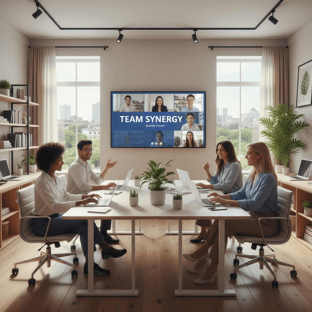 Video call screen with remote team members smiling